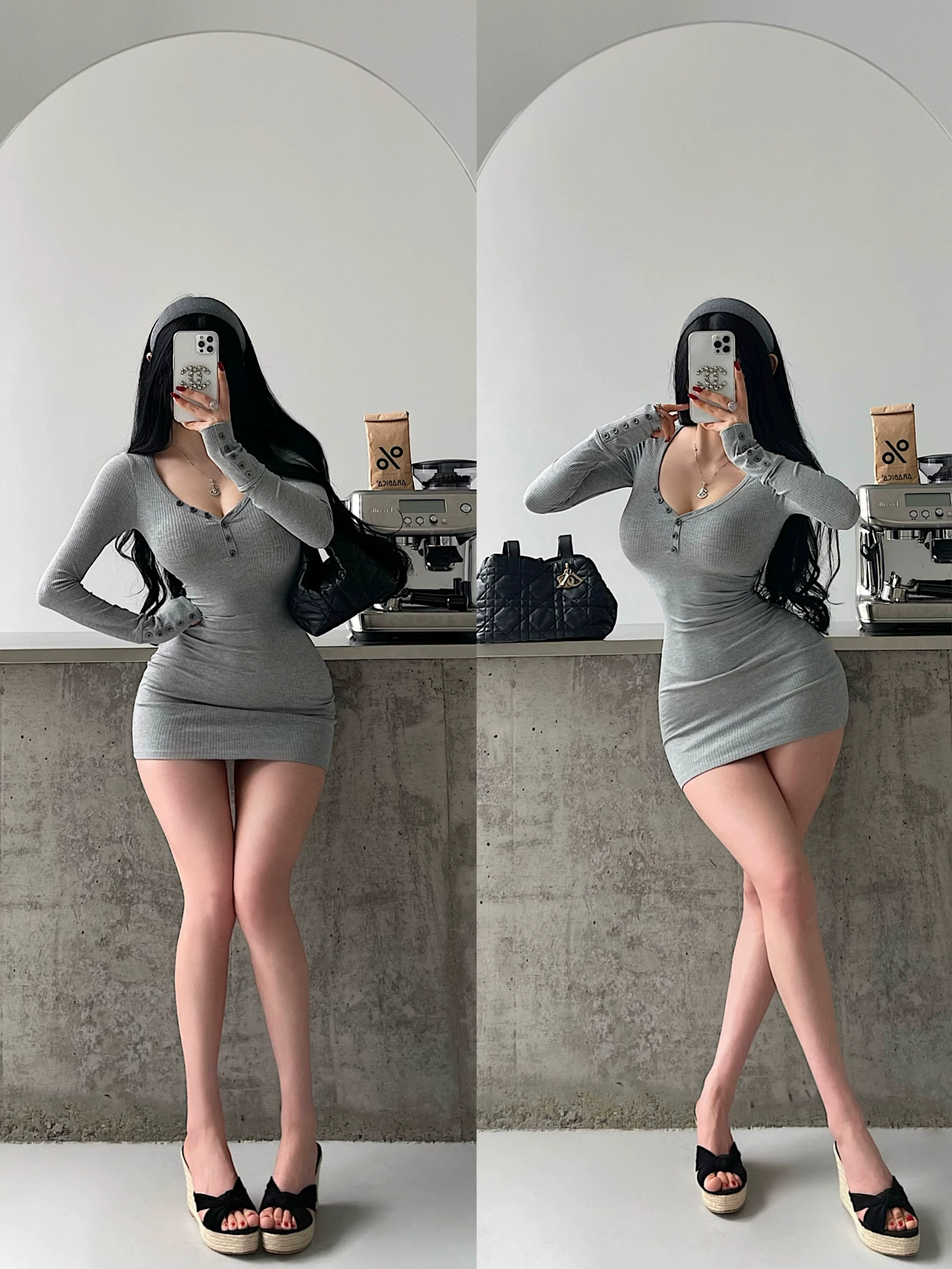 YoungGirlDay Pure Desire Cổ chữ V gợi cảm Áo ngực đơn eo thon Giảm béo tay dài Đầm ôm sát Váy ngắn