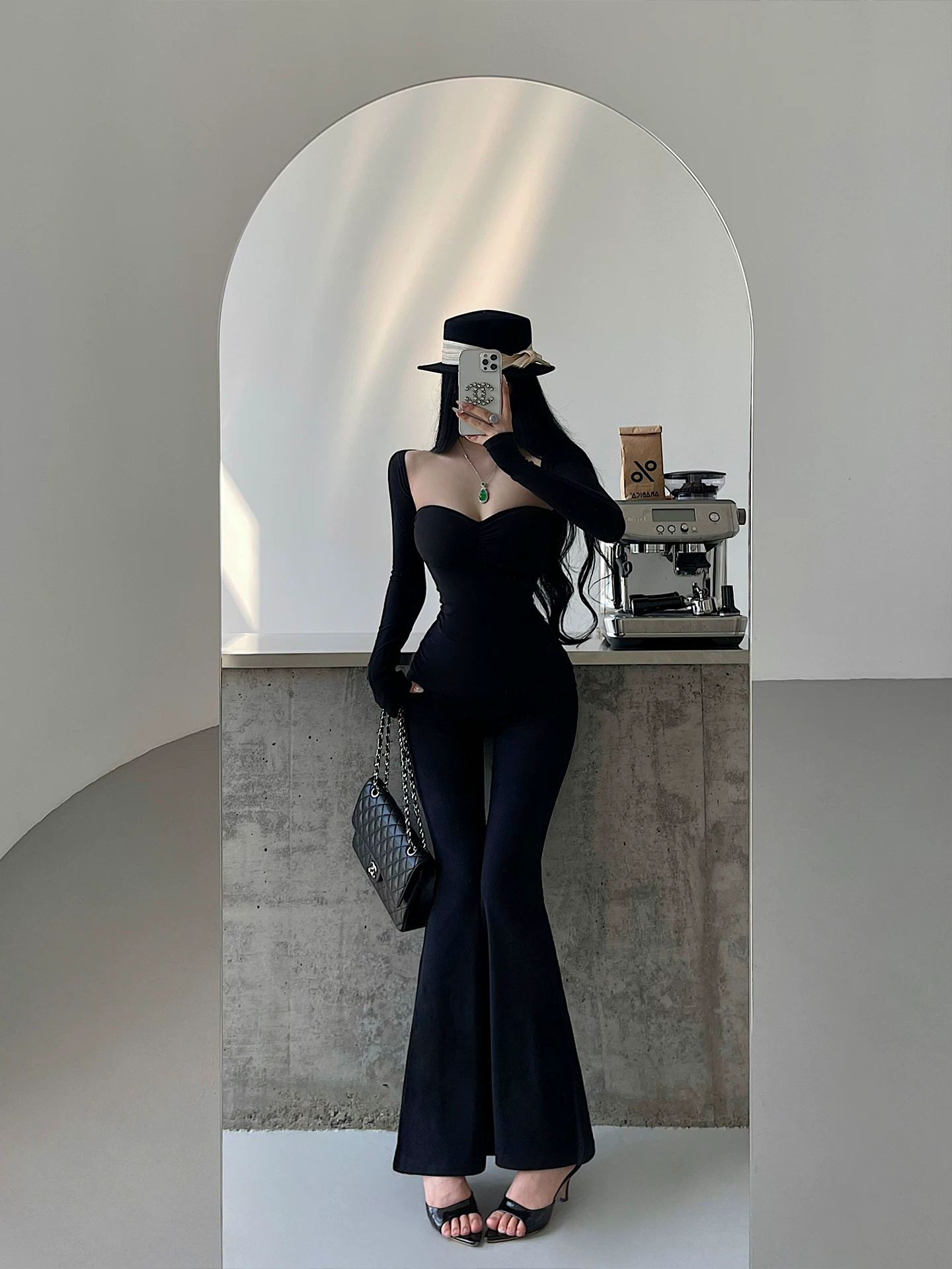 YoungGirlDay Kardashian Bộ quần dài ống rộng có tay áo dài gợi cảm kiểu khăn choàng tôn dáng chân dài