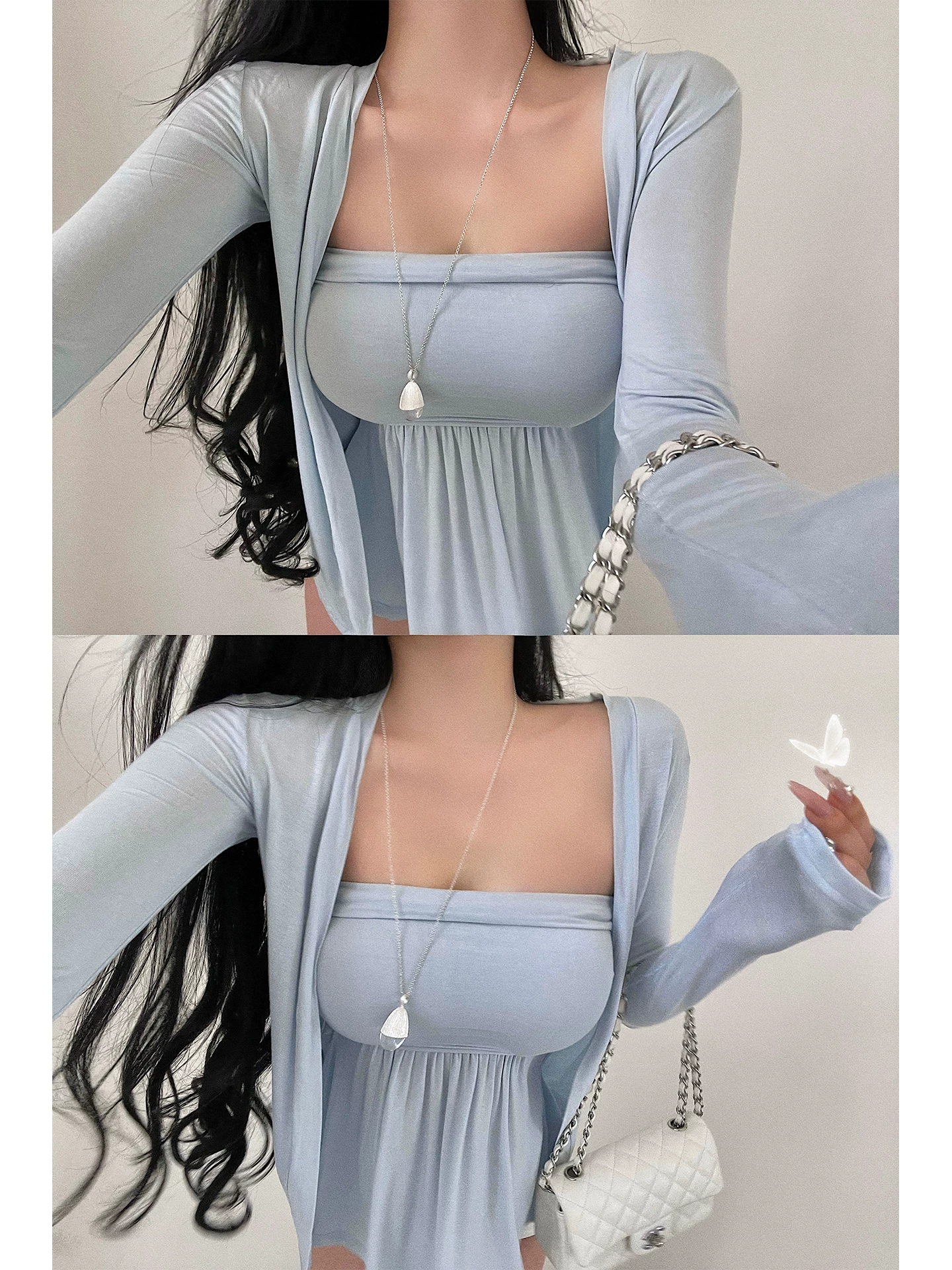 YoungGirlDay khao khát thuần khiết phong cách dịu dàng viền xếp ly gợi cảm có miếng đệm ngực áo vest ống dài tay áo cardigan dài tay