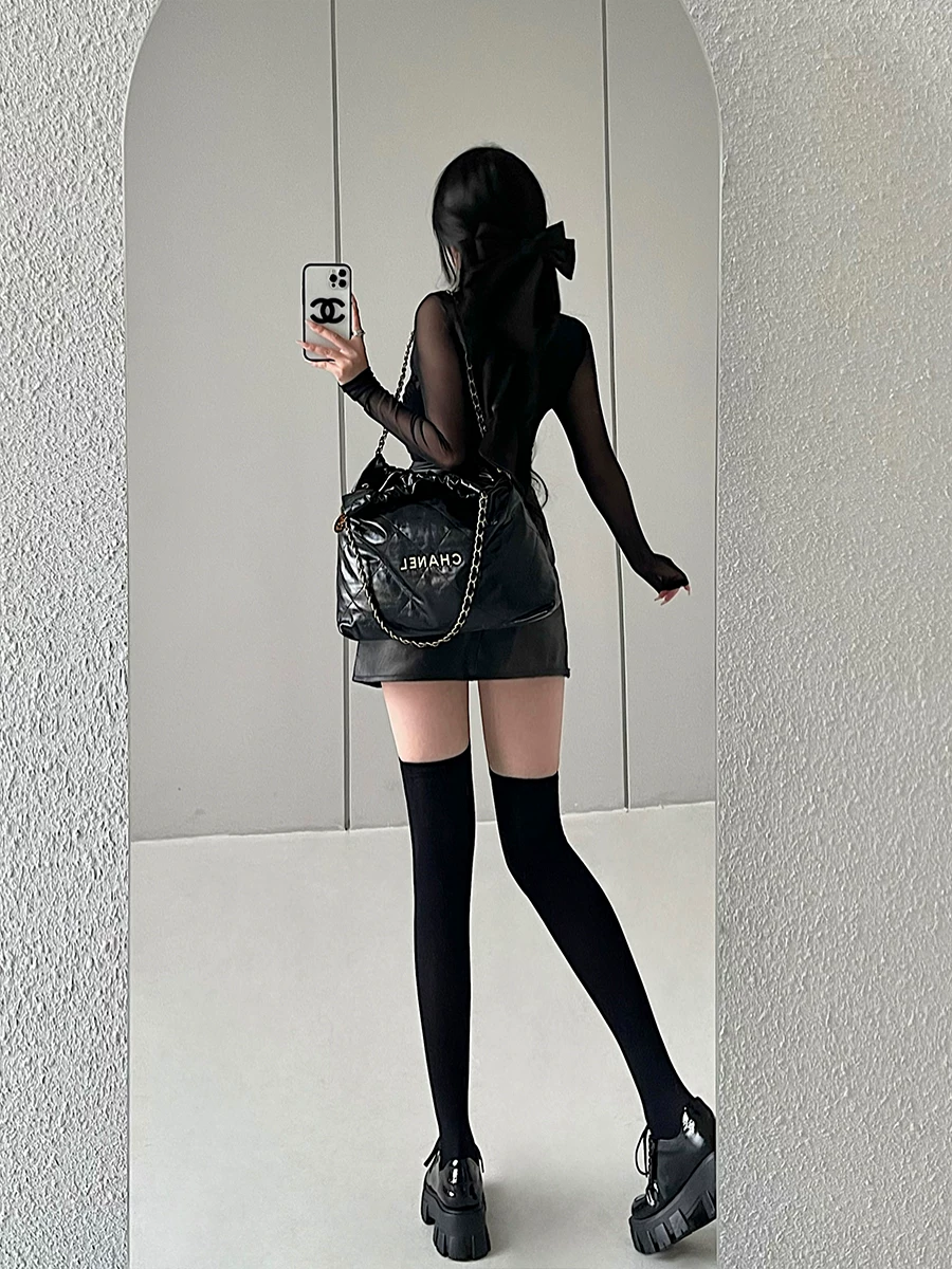 YoungGirlDay Váy ngắn bằng da PU xếp ly kiểu Mỹ gợi cảm, cạp cao, ôm sát cơ thể, chống lộ hàng.