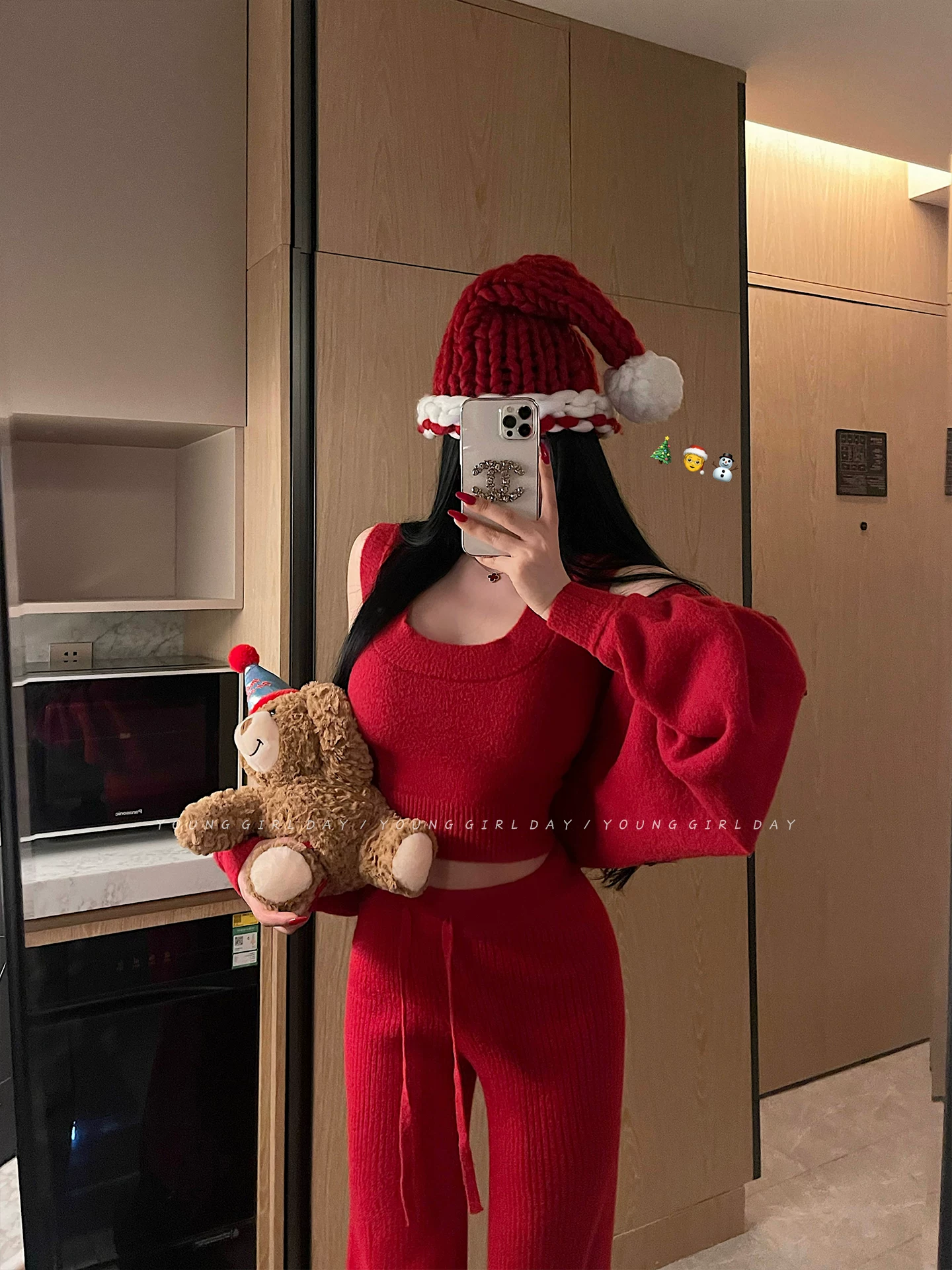 YoungGirlDay Năm mới và Giáng sinh áo vest thuần khiết gợi cảm khăn choàng dài tay quần dài có dây rút quần tây dệt kim