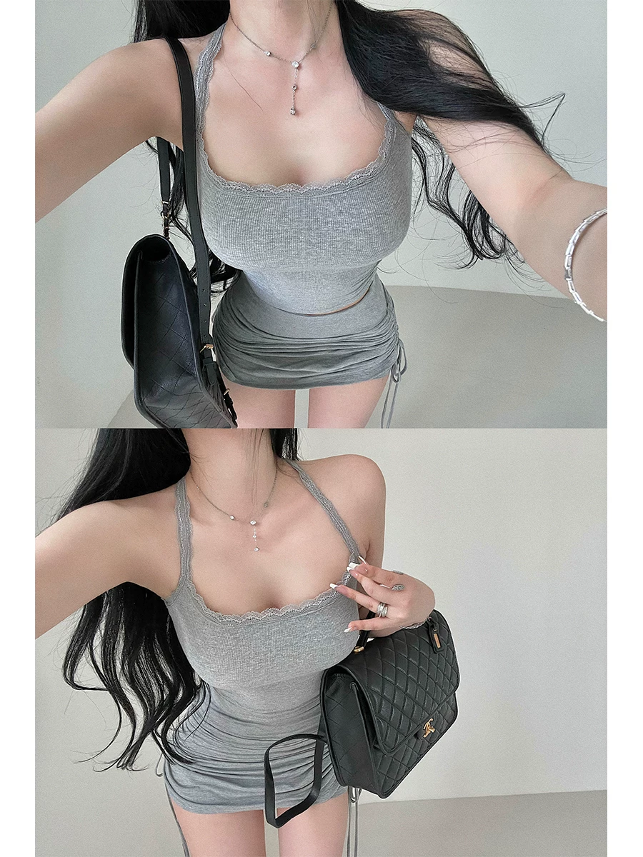 Áo camisole YoungGirlDay thuần khiết gợi cảm, ôm sát, viền ren, có mút ngực tích hợp và thiết kế lưng khoét.