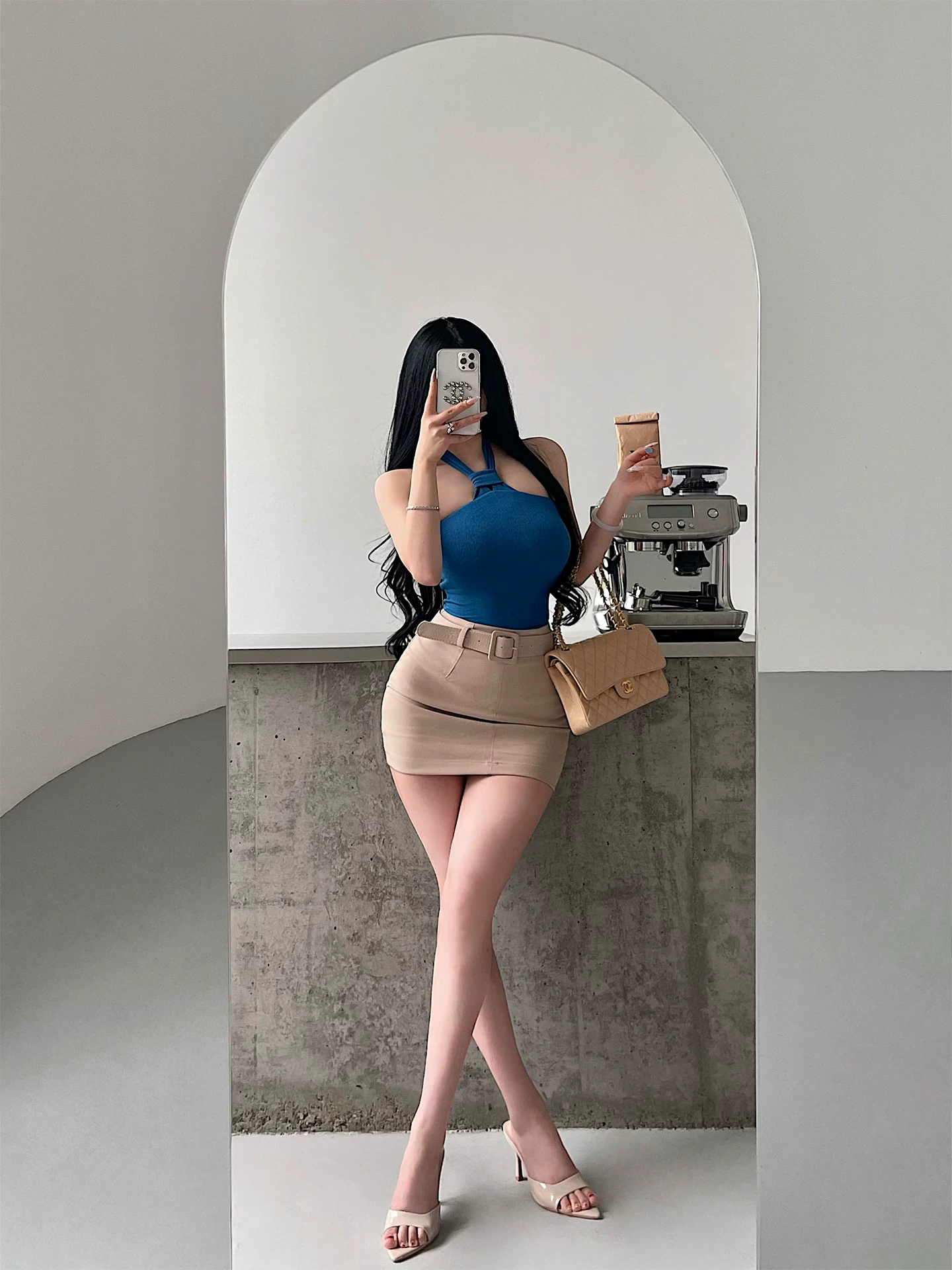 YoungGirlDay Phong cách Hàn Quốc thuần khiết gợi cảm OL váy cạp cao chống lộ hàng, váy ngắn ôm sát hông có thắt lưng