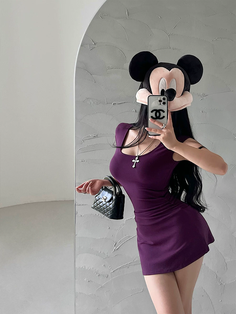 YoungGirlDay khao khát thuần khiết hot girl gợi cảm cổ chữ U ôm sát eo xếp nếp tay ngắn váy bodycon chữ A váy ngắn