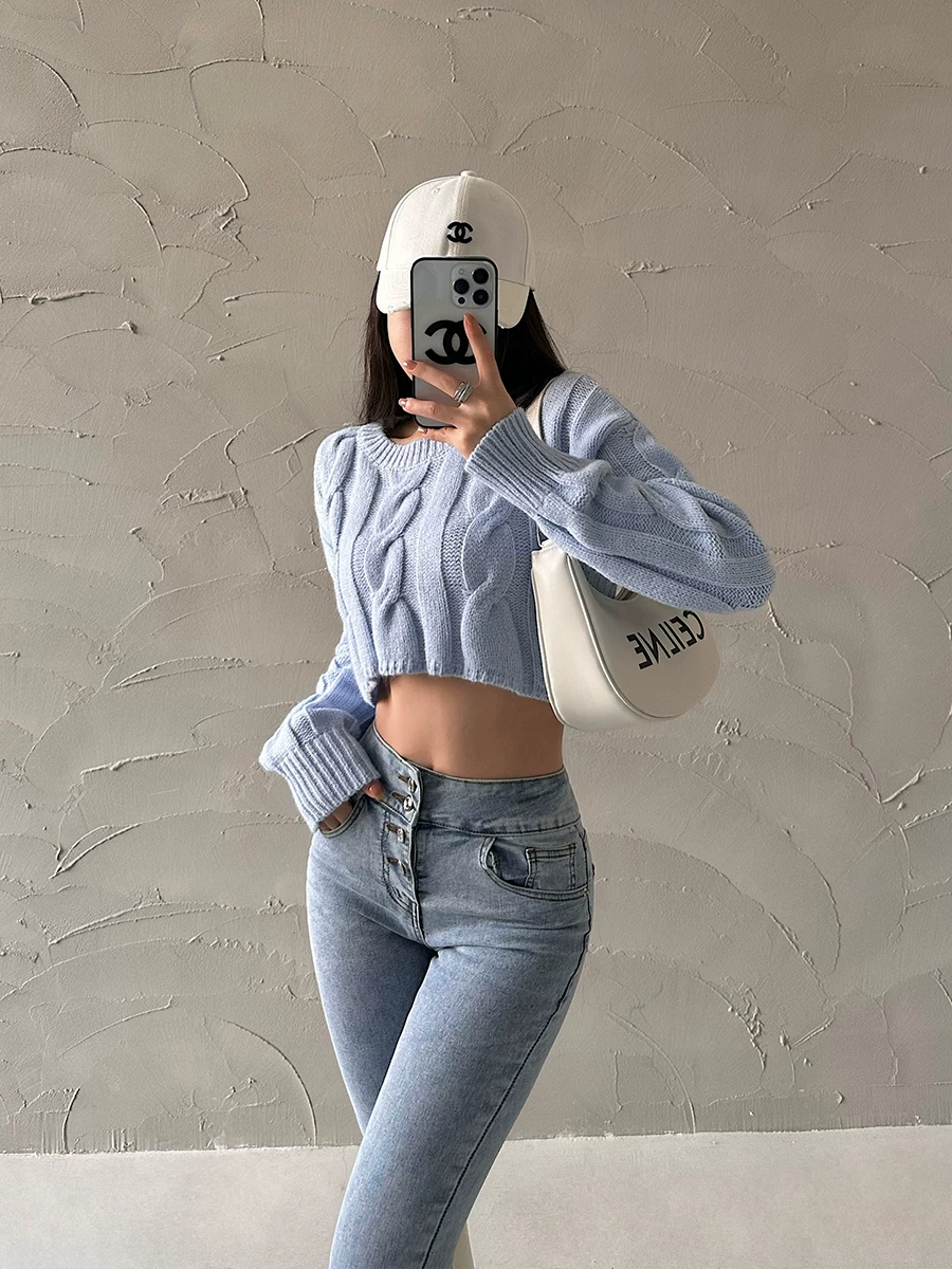 YoungGirlDay Áo len dệt kim cổ tròn kiểu Mỹ cổ điển, dáng rộng, kiểu ngắn, lộ rốn, áo len dài tay dành cho nữ