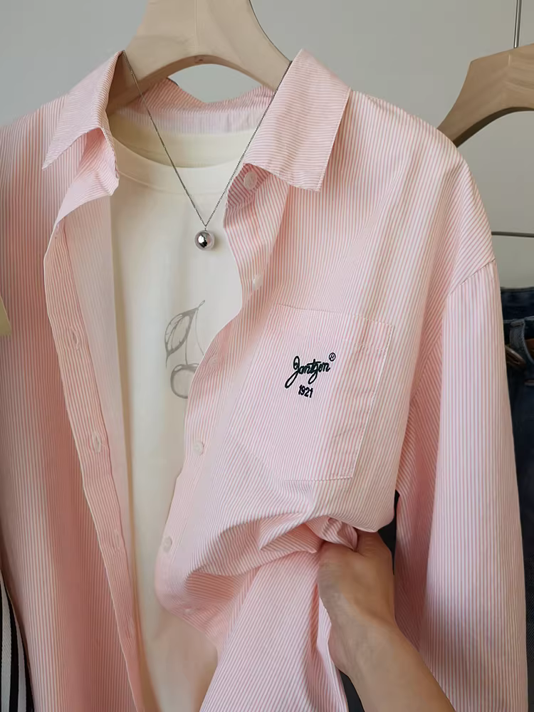 Áo sơ mi sọc hồng tươi kiểu Pháp, rất đẹp và đa năng! Áo sơ mi dáng rộng sọc dọc thêu cotton nguyên chất dành cho nữ.