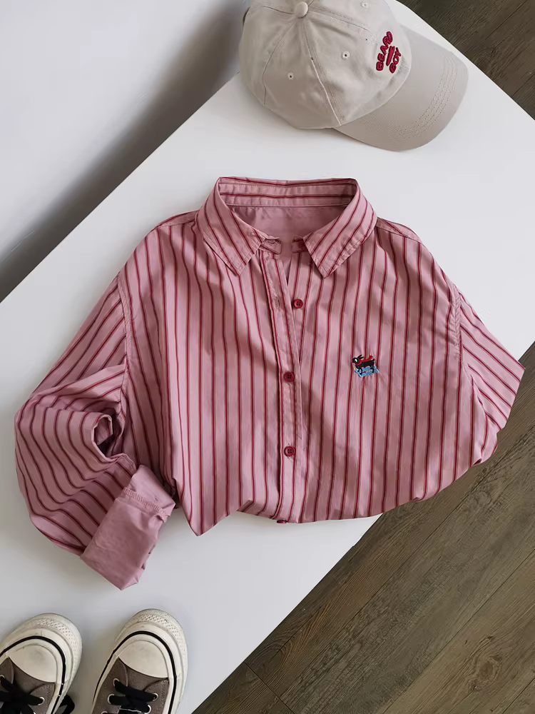 Áo sơ mi nữ cotton nguyên chất màu hồng phong cách Hàn Quốc, đa năng, phối màu, sọc dọc, thêu, nhiều lớp, mặc trong