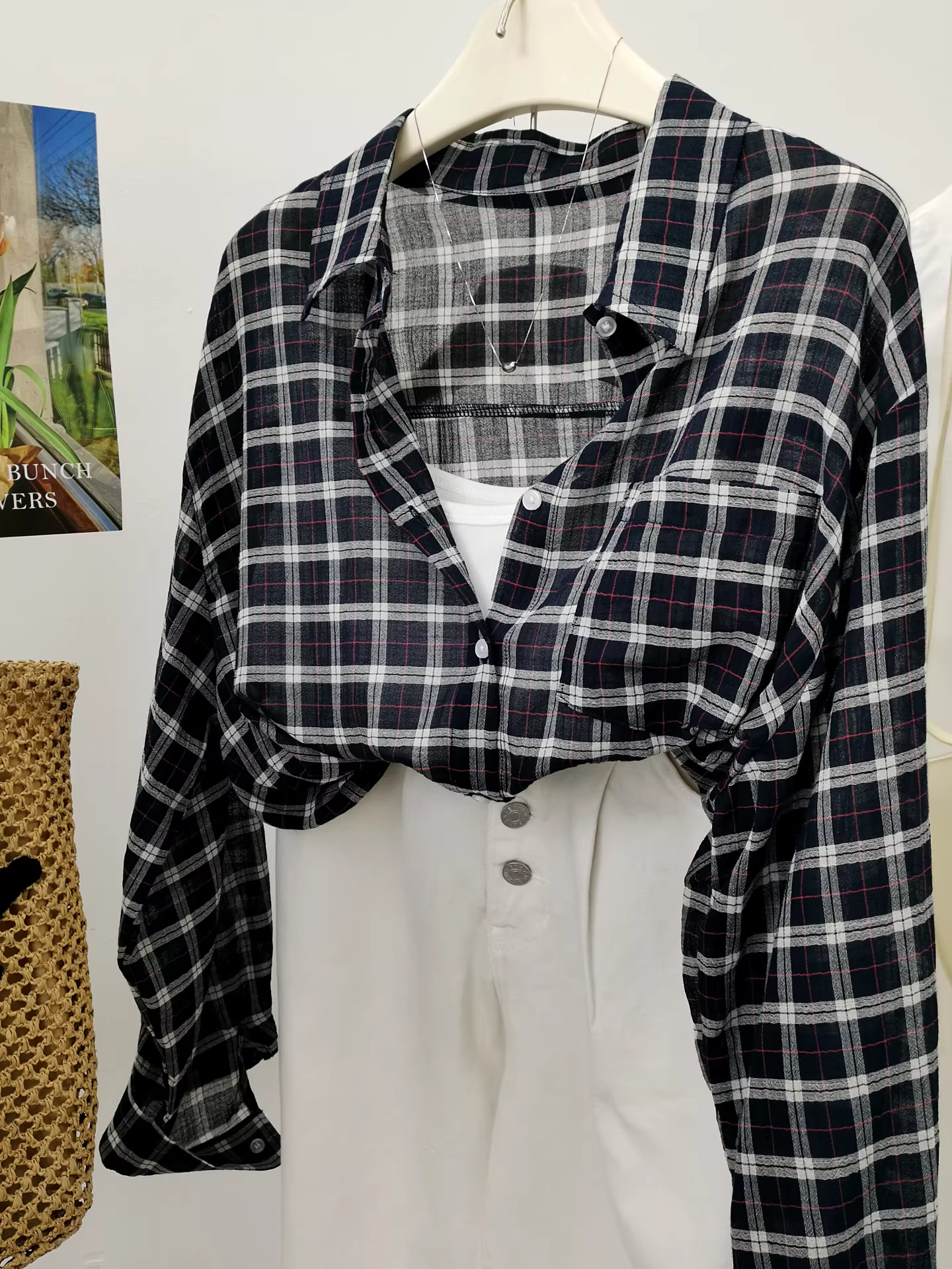 Phong cách Hàn Quốc thoải mái, nhẹ nhàng, cổ điển, nhẹ nhàng, cổ bẻ, mỏng, thoáng khí, dài tay, vải cotton gạc, chống nắng, áo sơ mi kẻ sọc dành cho nữ