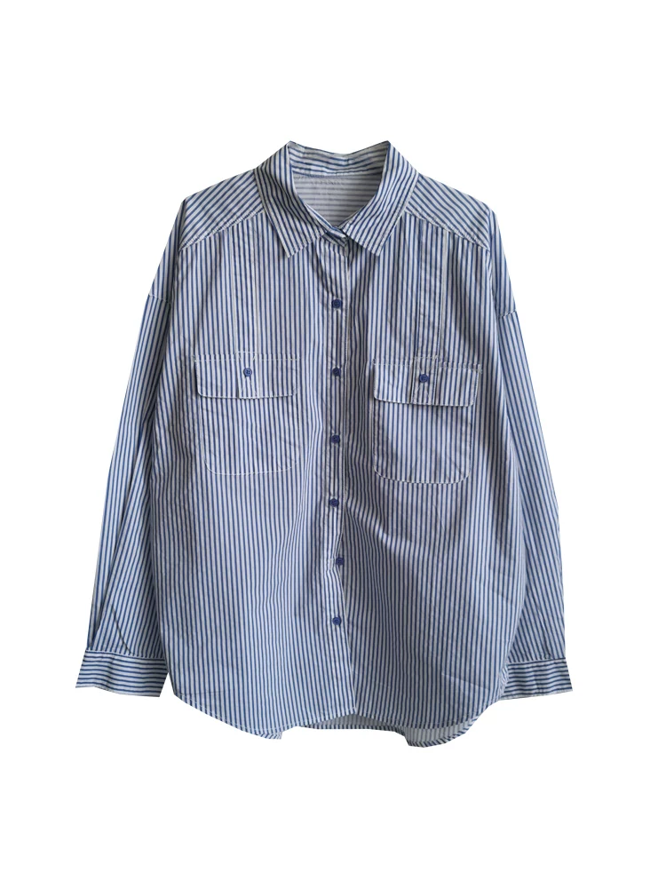 Áo sơ mi giả hai mảnh phối sọc kiểu Nhật Bản 2025, phong cách nghệ thuật, dáng rộng, mặc thường ngày, dài trung bình dành cho nữ