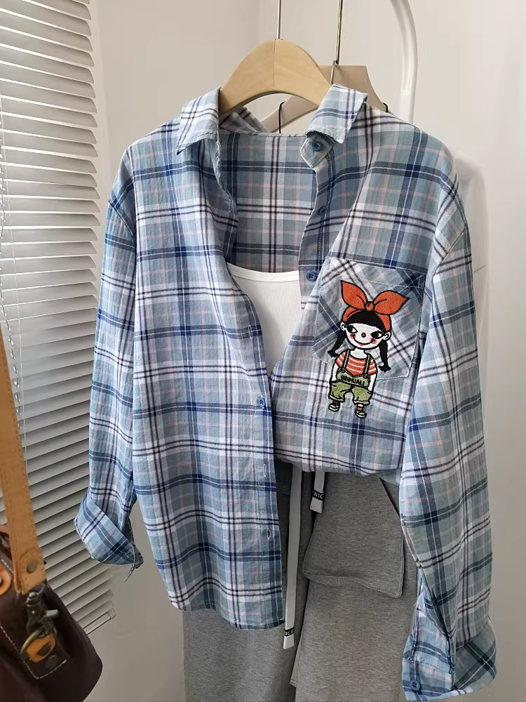 Áo sơ mi kẻ sọc xanh tương phản bằng cotton nguyên chất, mềm mại, thoải mái, thiết thực, đa năng, dáng rộng, áo sơ mi nữ kẻ sọc nhiều lớp