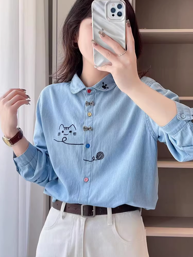 Áo sơ mi sọc dọc thoải mái CHAO, đa năng và mỏng, thích hợp để phối lớp, áo sơ mi dài tay dáng rộng cơ bản dành cho nữ.