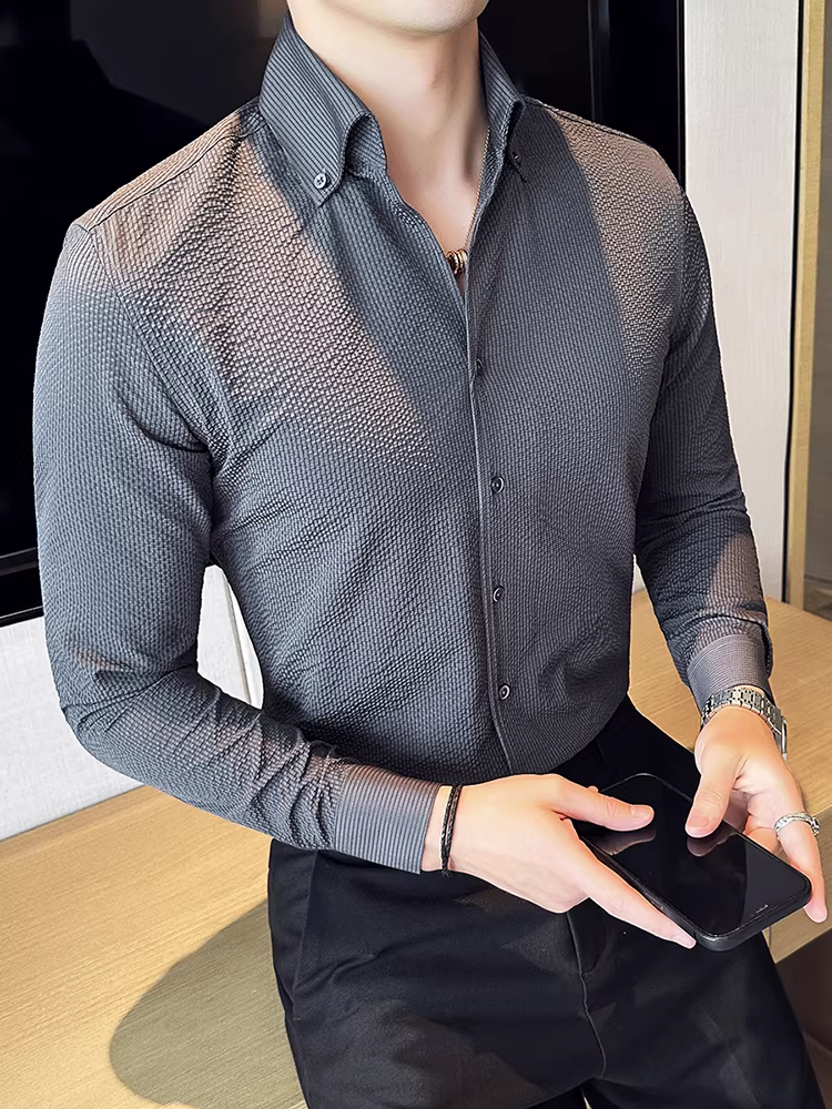 Áo sơ mi nam chất liệu vải waffle cao cấp, cổ V, tay dài, phong cách công sở lịch sự, đa năng, ôm dáng, cổ đứng thời trang.