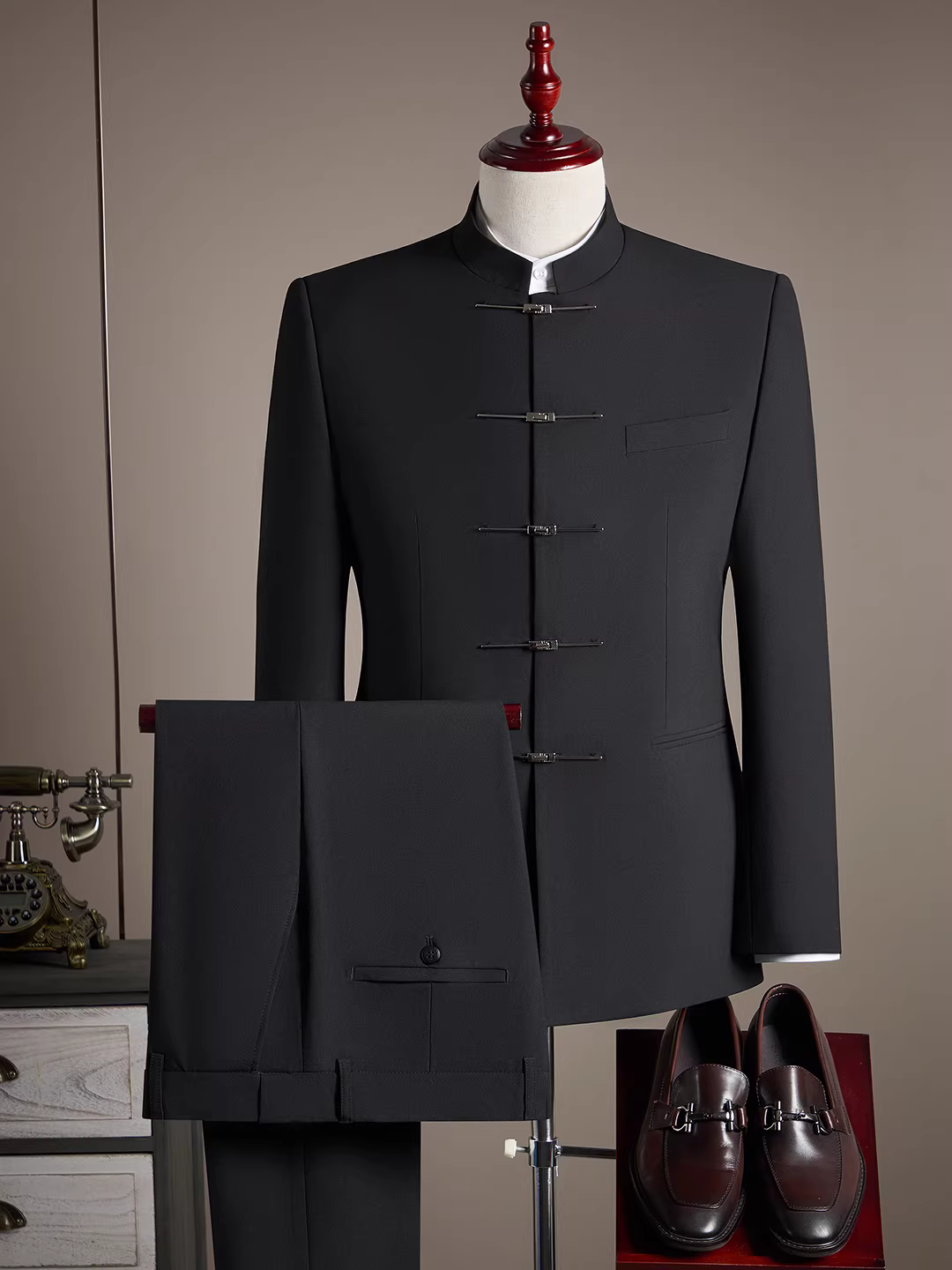 Bộ vest nam kiểu Trung Hoa mới, cổ mandarin, cài khuy, kiểu Trung Sơn, kiểu Tang