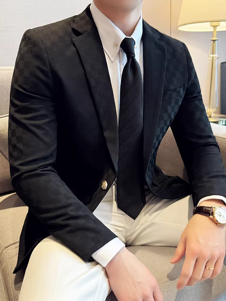 Áo blazer kẻ sọc một cúc dành cho nam, phong cách công sở lịch lãm, đa năng, hợp thời trang, dáng ôm, kiểu dáng thanh lịch, đơn hàng khuy.