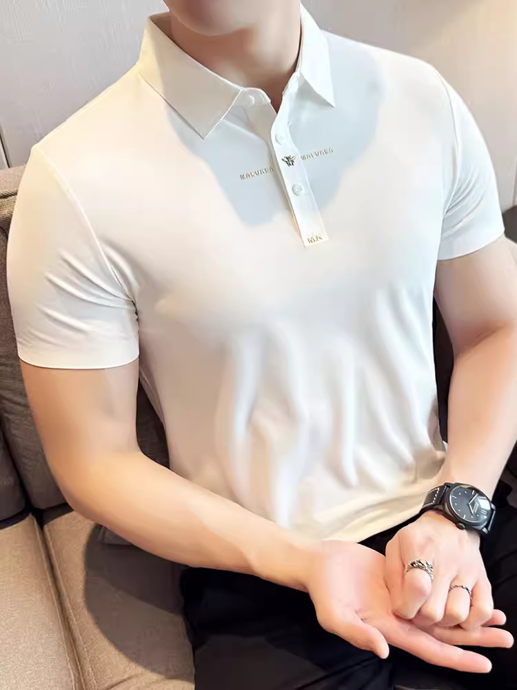 Áo polo nam tay ngắn chất liệu lụa đá cao cấp, thêu tay, kiểu dáng mùa hè mới, áo thun cổ trụ lịch lãm cao cấp.