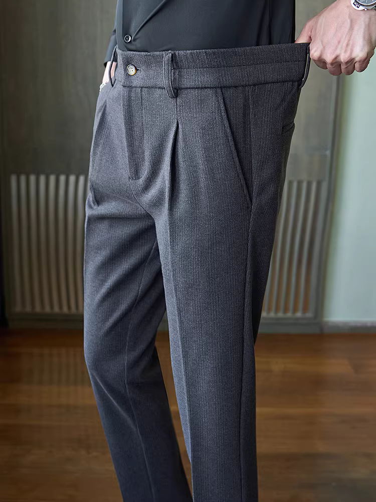 Quần tây len dày cao cấp dành cho nam, quần dài kẻ sọc công sở mùa thu đông có lưng thun, quần vest đa năng.