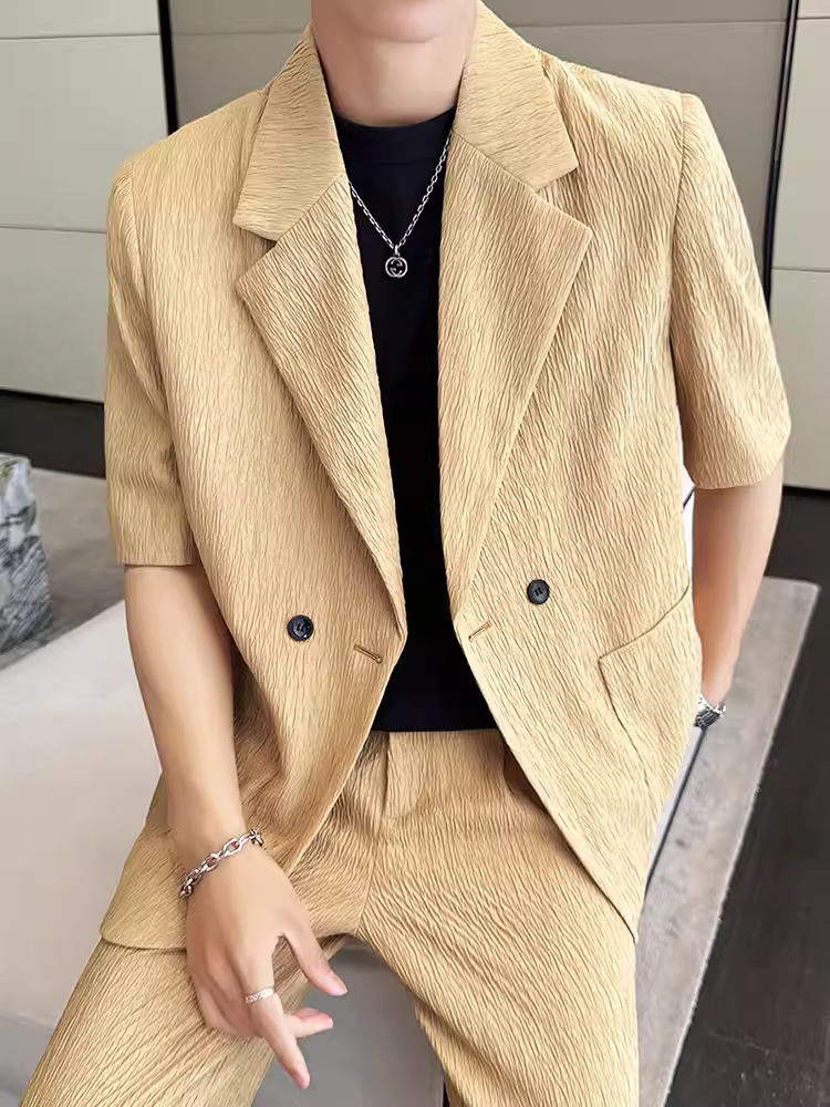 Bộ vest nam chất liệu lụa đá, tay ngắn, kiểu dáng mùa hè mỏng nhẹ, hơi rộng rãi, thoải mái và đa năng, bộ hai mảnh phong cách thường ngày