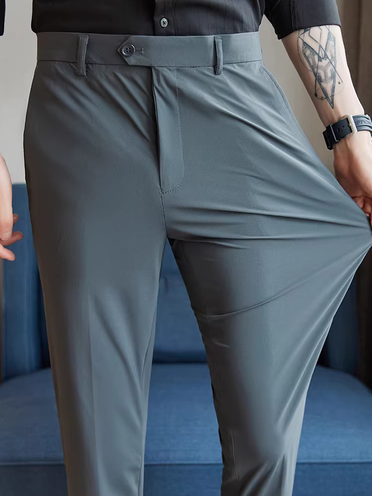 Quần âu nam chất liệu lụa đá co giãn cao, quần kẻ sọc lót lông mùa thu đông, quần âu dáng ôm cạp cao, quần âu công sở.