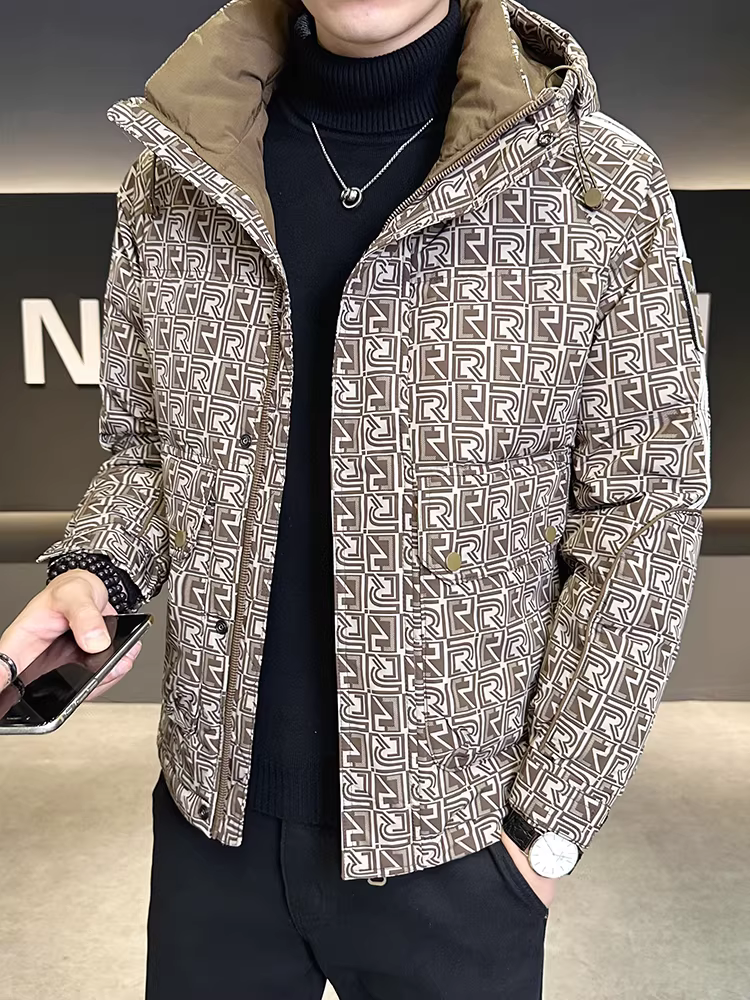 Áo khoác phao nam cao cấp có mũ, in họa tiết, mùa đông 2025, thời trang mới, kiểu dáng trẻ trung, dày dặn, ấm áp
