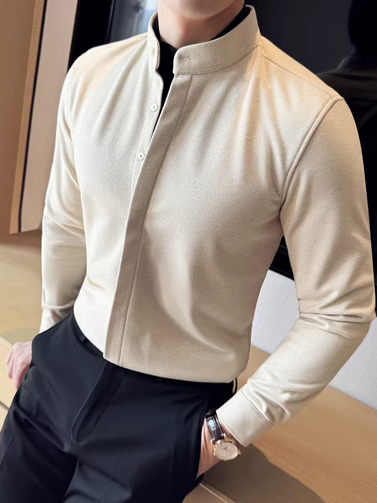 Áo sơ mi len cổ đứng giả hai mảnh dành cho nam, dài tay, dày dặn cho mùa thu đông, ấm áp, áo sơ mi len công sở cao cấp.