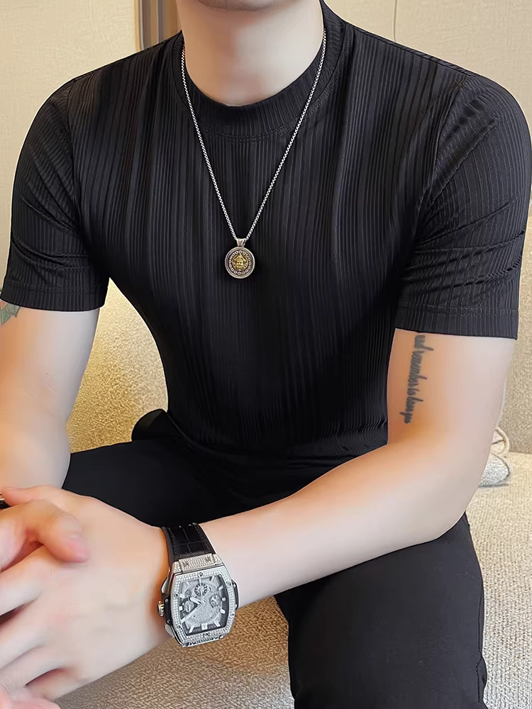 Áo thun nam tay ngắn hè 2025 thời trang mới mẻ đa năng cao cấp cổ tròn sọc
