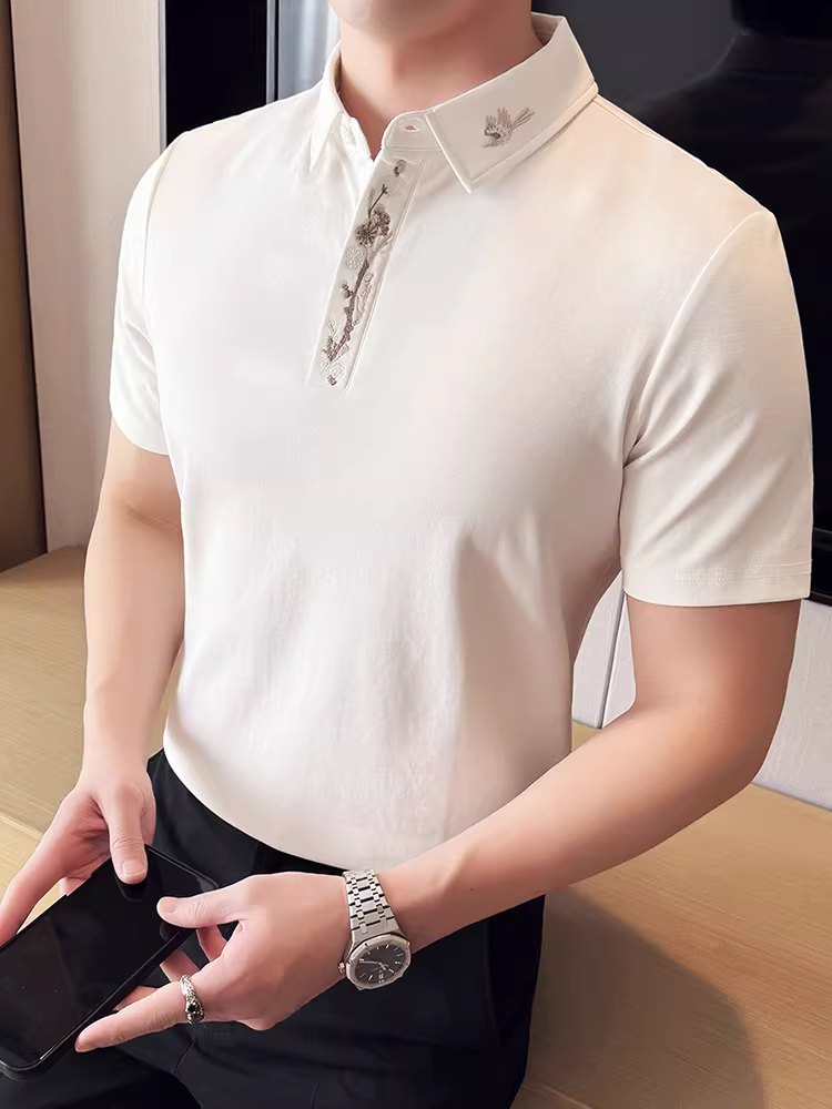 Áo polo thêu kiểu Trung Quốc mới dành cho nam, tay ngắn, mẫu mới mùa hè, kiểu dáng ôm vừa vặn hợp thời trang cao cấp, áo thun cotton cổ bẻ sành điệu.