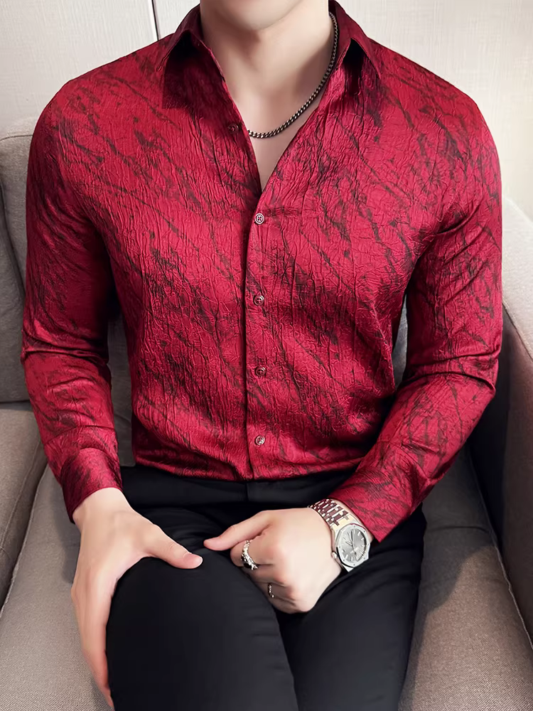 Áo sơ mi nam chất liệu acetate, tay dài, kiểu dáng lịch lãm, thời thượng, ôm dáng, phong cách công sở lịch sự, mẫu mới thu đông 2025