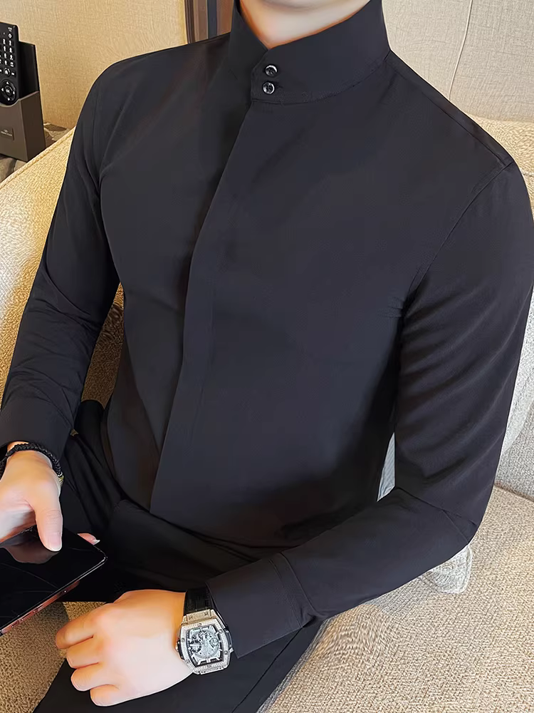 Áo sơ mi nam cổ đứng kiểu Trung Quốc mới, có nút ẩn, dài tay, cao cấp, thời trang, ôm dáng, công sở giản dị, áo sơ mi trắng chống nhăn