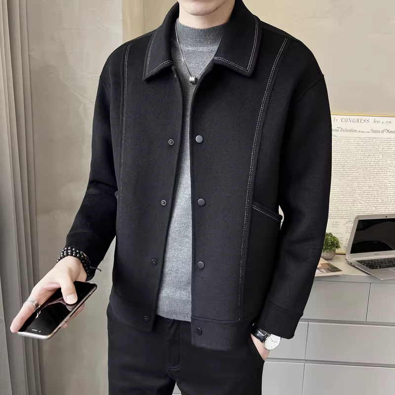 Áo khoác len nam mùa thu đông, kiểu ngắn, cao cấp, sang trọng nhẹ nhàng, hợp thời trang, giản dị, có ve áo, áo khoác len nam hai mặt bằng cashmere.