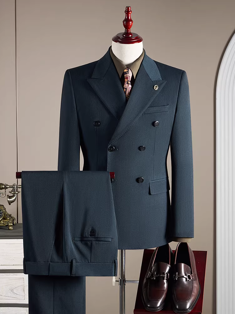 Bộ vest nam chất liệu len, kiểu dáng hai hàng khuy, trang phục công sở lịch lãm, chất lượng cao, ôm dáng, size lớn, bộ vest cưới chú rể ba món