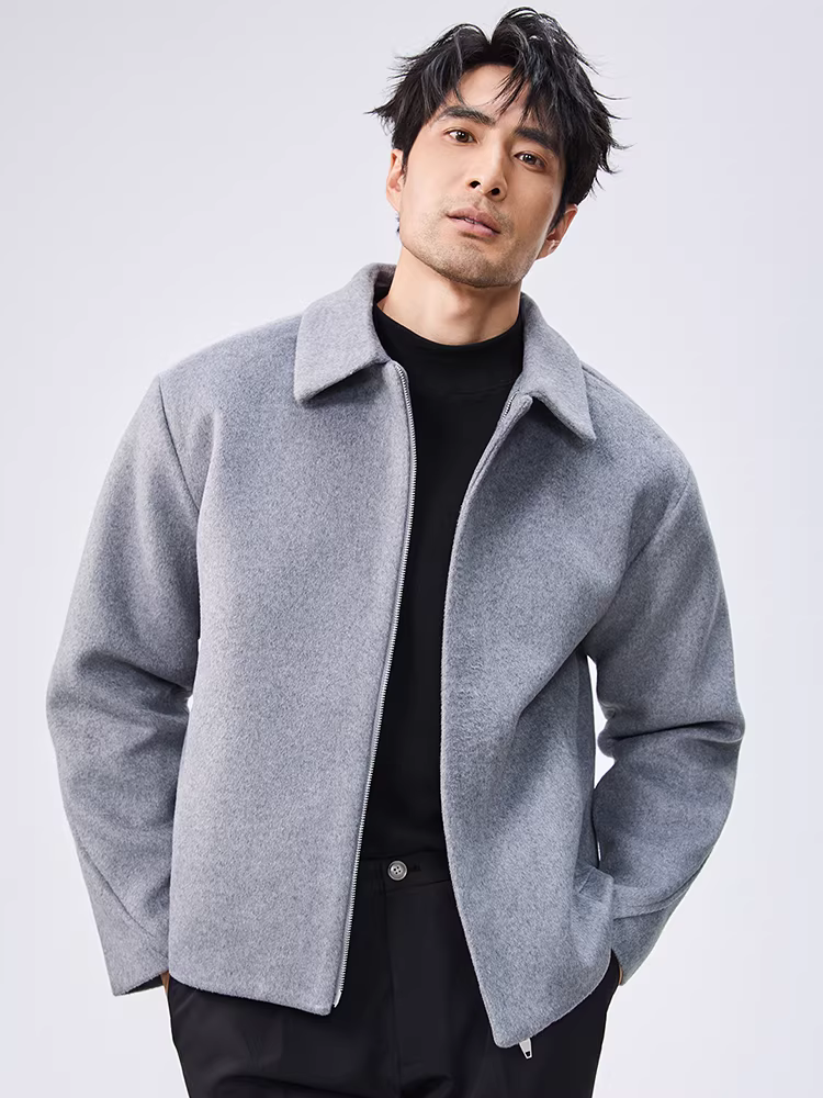 Áo khoác len nam có khóa kéo đôi, kiểu mới thu đông 2025, dáng ngắn cổ trụ, chất liệu len pha.