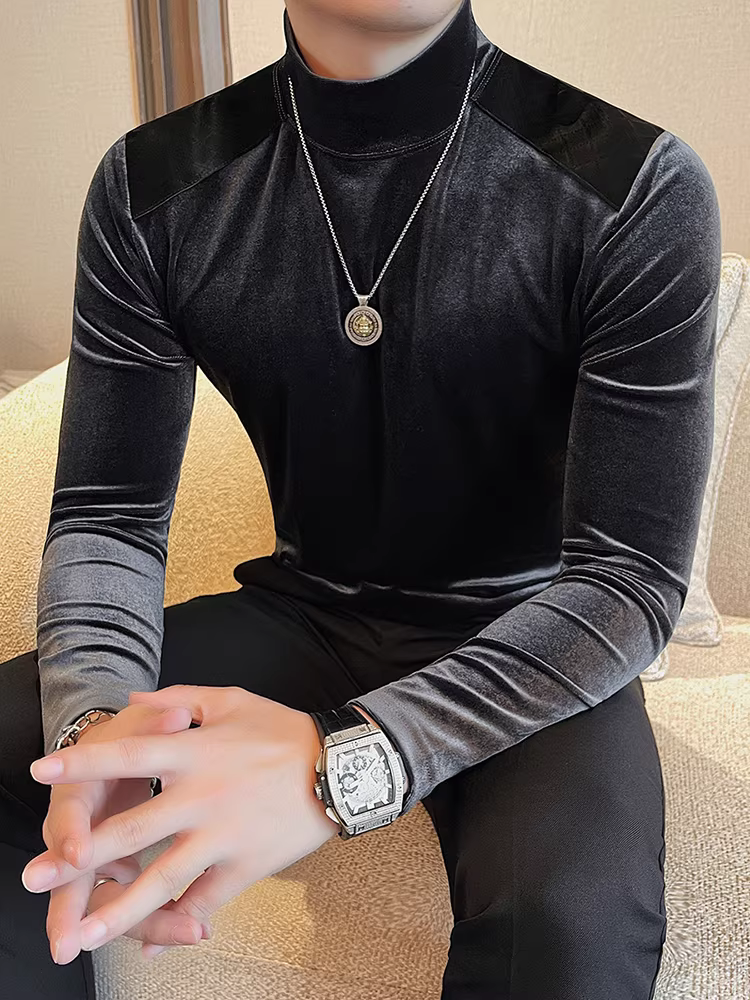 Áo thun nhung cổ cao nửa cổ bằng da chắp vá dành cho nam, dài tay, thu đông, cao cấp, hợp thời trang, ôm vừa vặn, áo sơ mi cổ trung