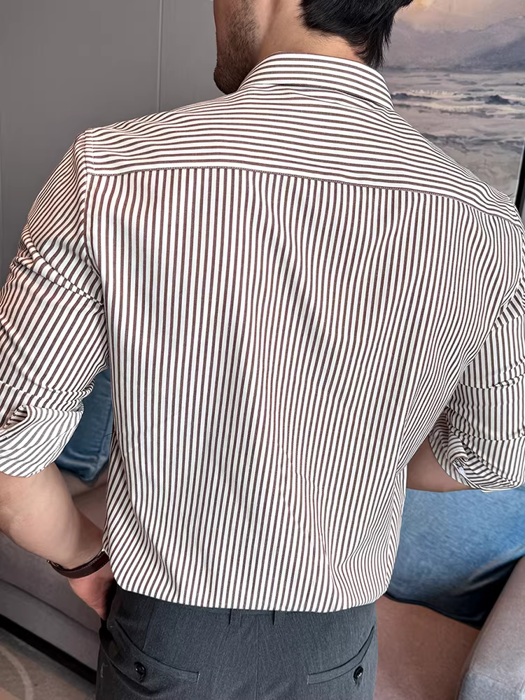Áo sơ mi nam sọc nhuộm sợi, tay dài, kiểu mới thu đông 2025, phong cách thường ngày, đa năng, ôm dáng, lịch sự, không nhăn, dễ chăm sóc