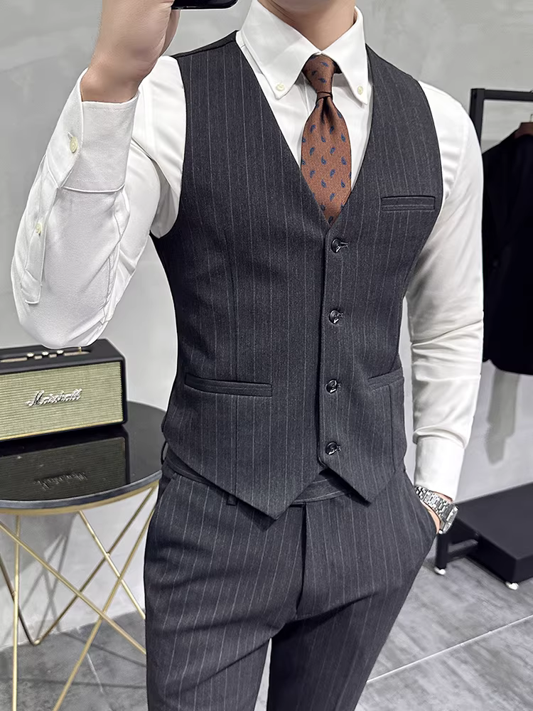 Bộ vest kẻ sọc nam, kiểu Hàn Quốc, ôm dáng, chất liệu mềm mại và bay bổng, vest công sở lịch sự, vest dự tiệc cưới, bộ hai mảnh
