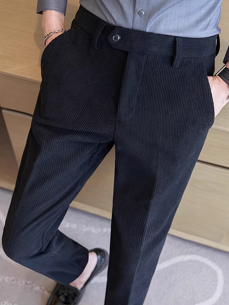 Quần âu nam chất liệu corduroy, mùa thu đông, thời trang cao cấp, đa năng, phong cách công sở Anh, kiểu dáng ôm body.
