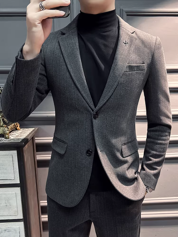 Bộ vest len dày giữ ấm cho nam, chất lượng cao, kiểu dáng lịch sự, ôm dáng, thời trang, kẻ sọc tối màu, bộ hai mảnh