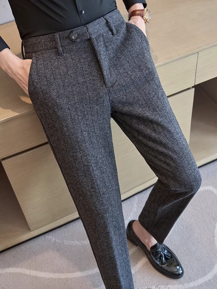 Quần dài nam chất liệu len pha dày, họa tiết xương cá mùa thu đông, quần âu cao cấp ôm dáng, chất liệu len chải mềm mại