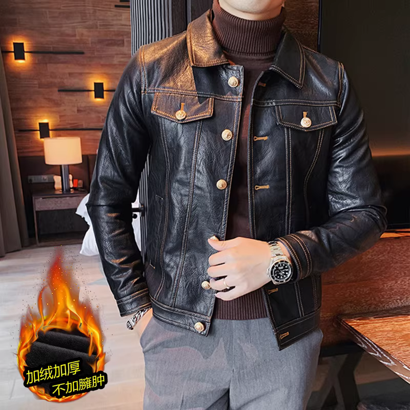 Áo khoác da nam mùa đông, lót lông cừu và dày dặn, kiểu dáng ôm sát, áo khoác biker ngắn thời trang, phong cách lịch sự đa năng dành cho người trưởng thành.