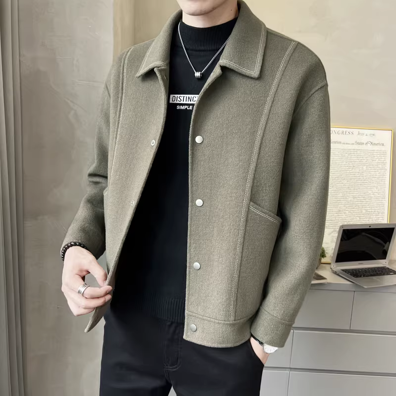 Áo khoác len nam mùa thu đông, kiểu ngắn, cao cấp, sang trọng nhẹ nhàng, hợp thời trang, giản dị, có ve áo, áo khoác len nam hai mặt bằng cashmere.