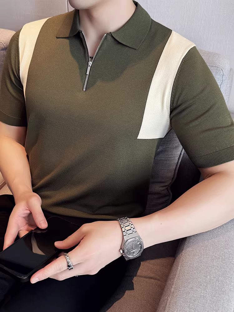 Áo Polo nam tay ngắn chất liệu lụa đá dệt kim phối màu, kiểu dáng mỏng nhẹ mùa hè, thời trang mới 2025, cổ áo kiểu dáng lịch lãm