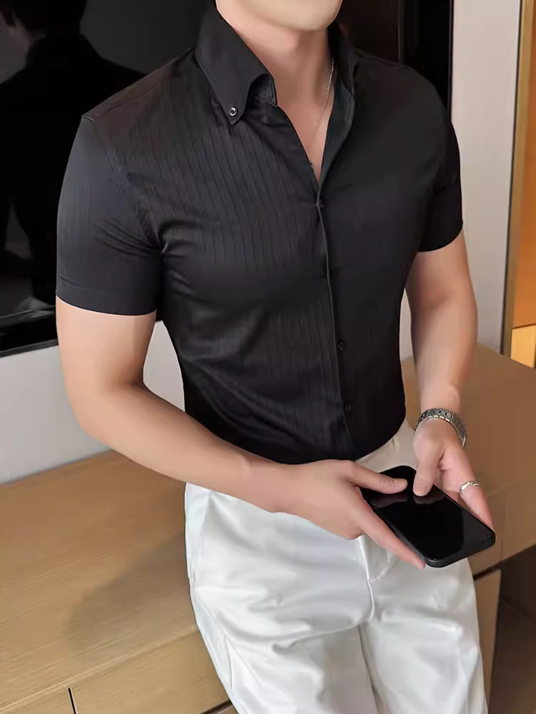 Áo sơ mi nam cổ chữ V tay ngắn sọc ba chiều, áo sơ mi mỏng mùa hè, phong cách công sở đa năng, thời trang cao cấp, kiểu dáng ôm sát