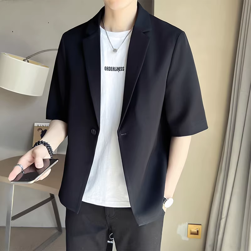 Bộ đồ lụa mỏng mùa hè dành cho nam, tay áo ba phần tư, áo khoác ngắn tay nam dáng rộng hợp thời trang, đa năng và phong cách.