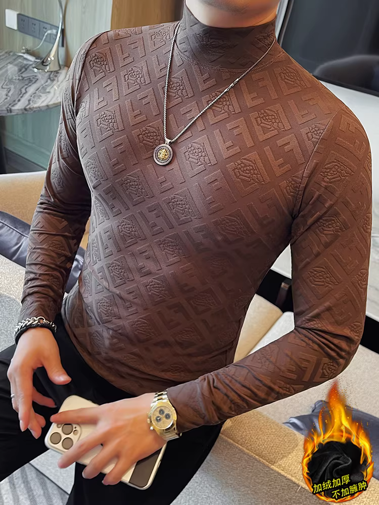 Áo sơ mi cổ cao nửa cổ lót lông cừu và dày dặn dành cho nam, thiết kế jacquard, áo thun dài tay, ôm vừa vặn, cổ trung bình, áo lót bên trong.