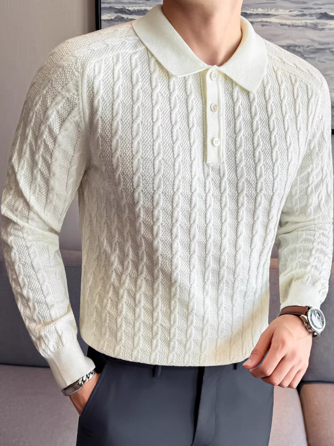 Áo polo kiểu tiền cổ điển với cổ áo dệt xoắn, áo len nam bằng len merino thân thiện với da.