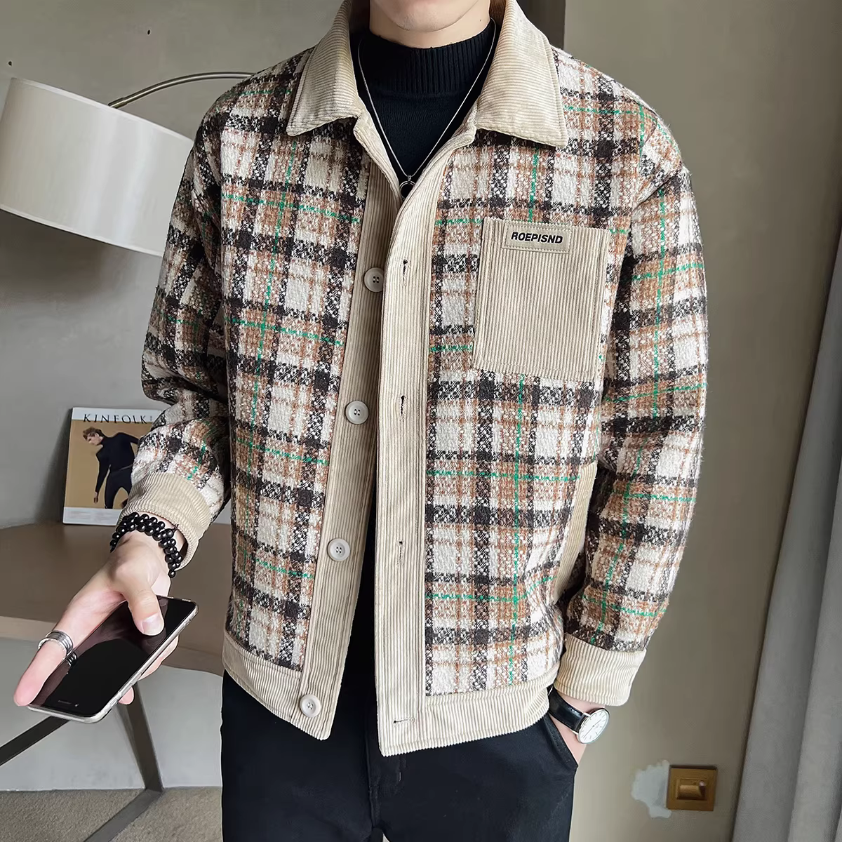 Áo khoác len dệt kim họa tiết răng cưa dành cho nam, thời trang thu đông mới, kiểu dáng cổ điển, ngắn, cao cấp