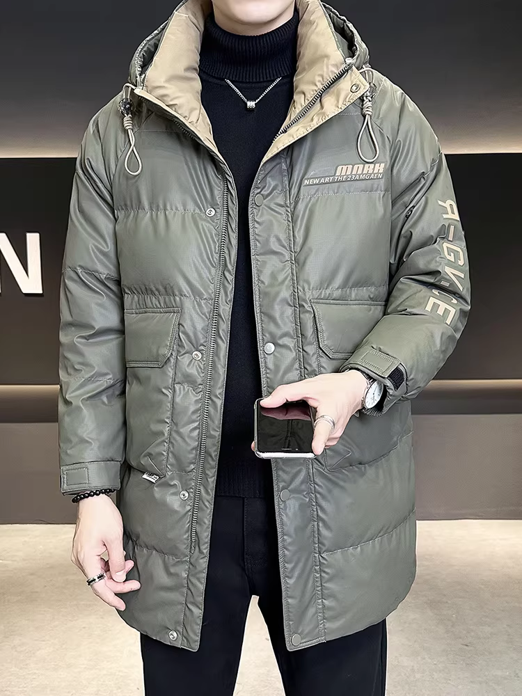Áo khoác có mũ trùm đầu dành cho nam, dài vừa phải, kiểu mới mùa đông 2024, nhẹ nhàng sang trọng, thời trang, hợp xu hướng, dày dặn, ấm áp, áo khoác trẻ trung.