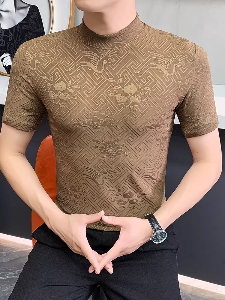 Áo thun nam dệt kim jacquard cổ trung, tay ngắn, thời trang thu đông 2025, kiểu dáng thời thượng, ôm body.