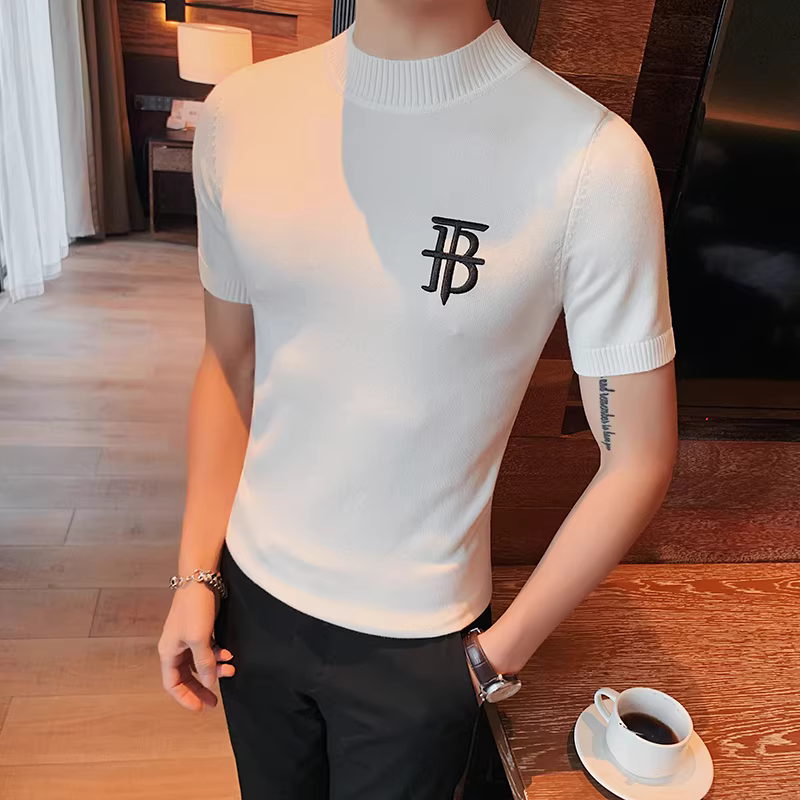 Áo thun nam tay ngắn chất liệu lụa băng thêu, áo thun nam dệt kim mỏng nhẹ mùa hè, kiểu dáng thời trang phong cách Anh, ôm body