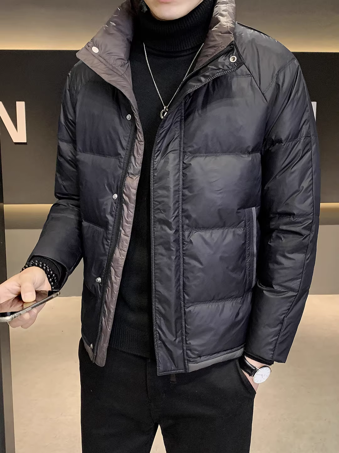 Áo khoác phao dày cổ đứng phối màu dành cho nam, giữ ấm mùa đông, kiểu dáng mới 2025, thương hiệu thời trang cao cấp, kiểu dáng ngắn sành điệu.
