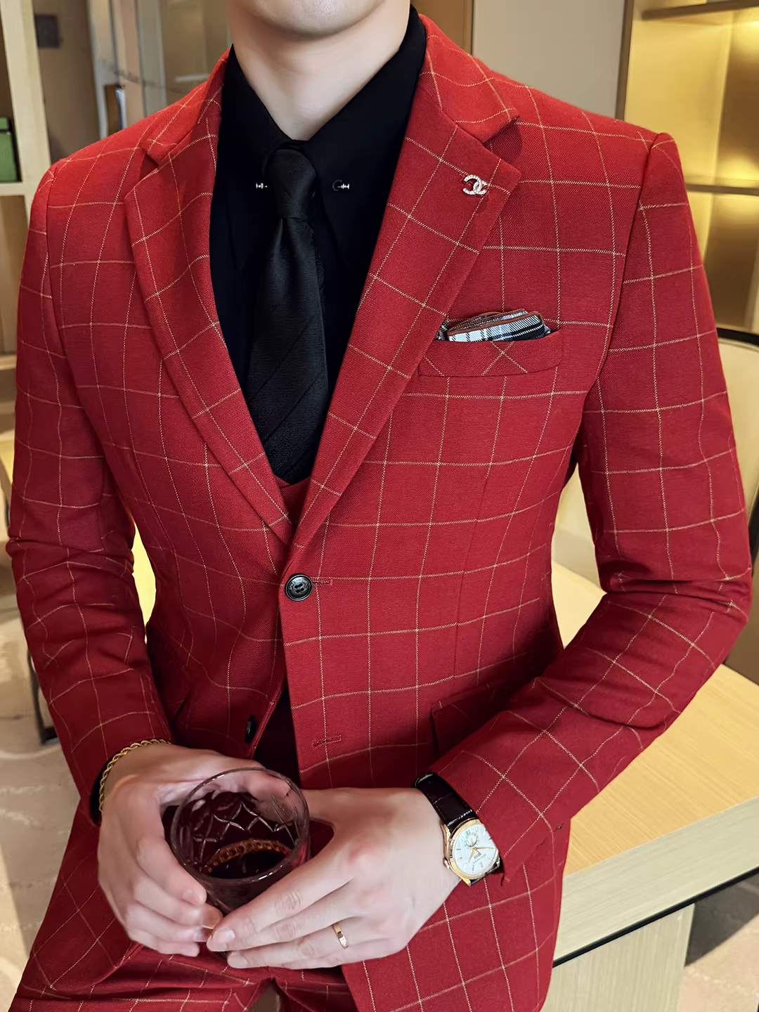 Bộ vest cao cấp kẻ caro dành cho nam, trang phục dạ hội công sở, kiểu dáng ôm sát, lịch sự và dễ chăm sóc, bộ vest cưới ba mảnh